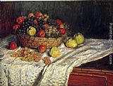 Grapes Canvas Paintings - Fruit Basket with Apples and Grapes